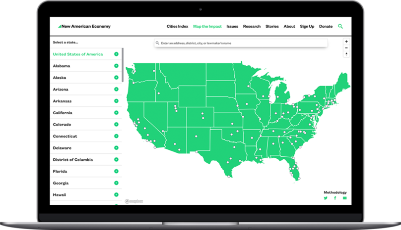 A laptop with New American Economy's Map The Impact site open